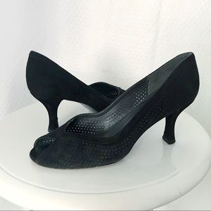 Stuart Weitzman black suede peep toe heels